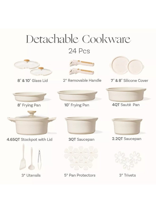 كاروت طقم أواني كاروت 24 قطعة غير لاصق بمقابض قابلة للفصل، تصميم قابل للتكديس من ألومنيوم صحي خالٍ من PFOA، مزود بفتحات صب، متوافق مع جميع المواقد وآمن لغسالة الصحون (أبيض) - Image 2